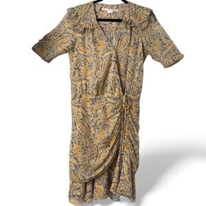 Veronica Beard‎ 4 Ruched Ruffle Paisley Mini Dress Blue Yellow